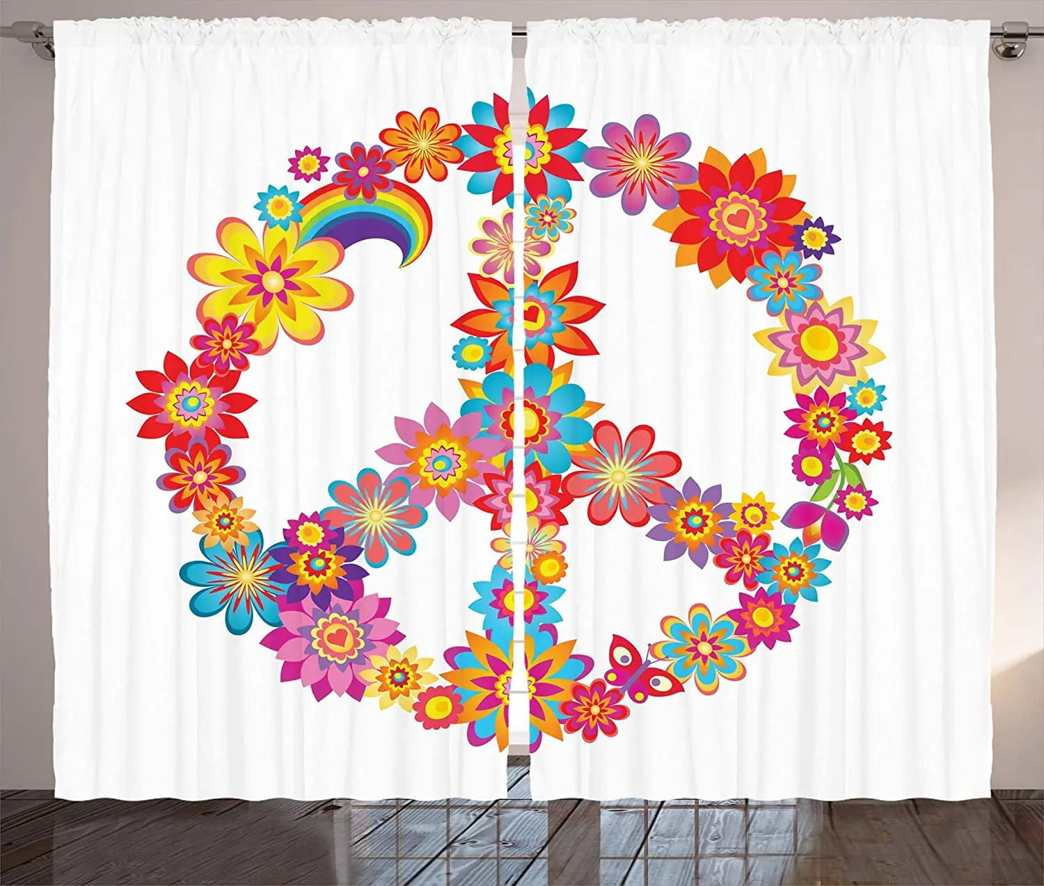 1960s Curtains Colorful Peace Flower Nature Youthful Flourishes Happiness Hippie Art Living Room Bedroom Window Drapes Red Blue