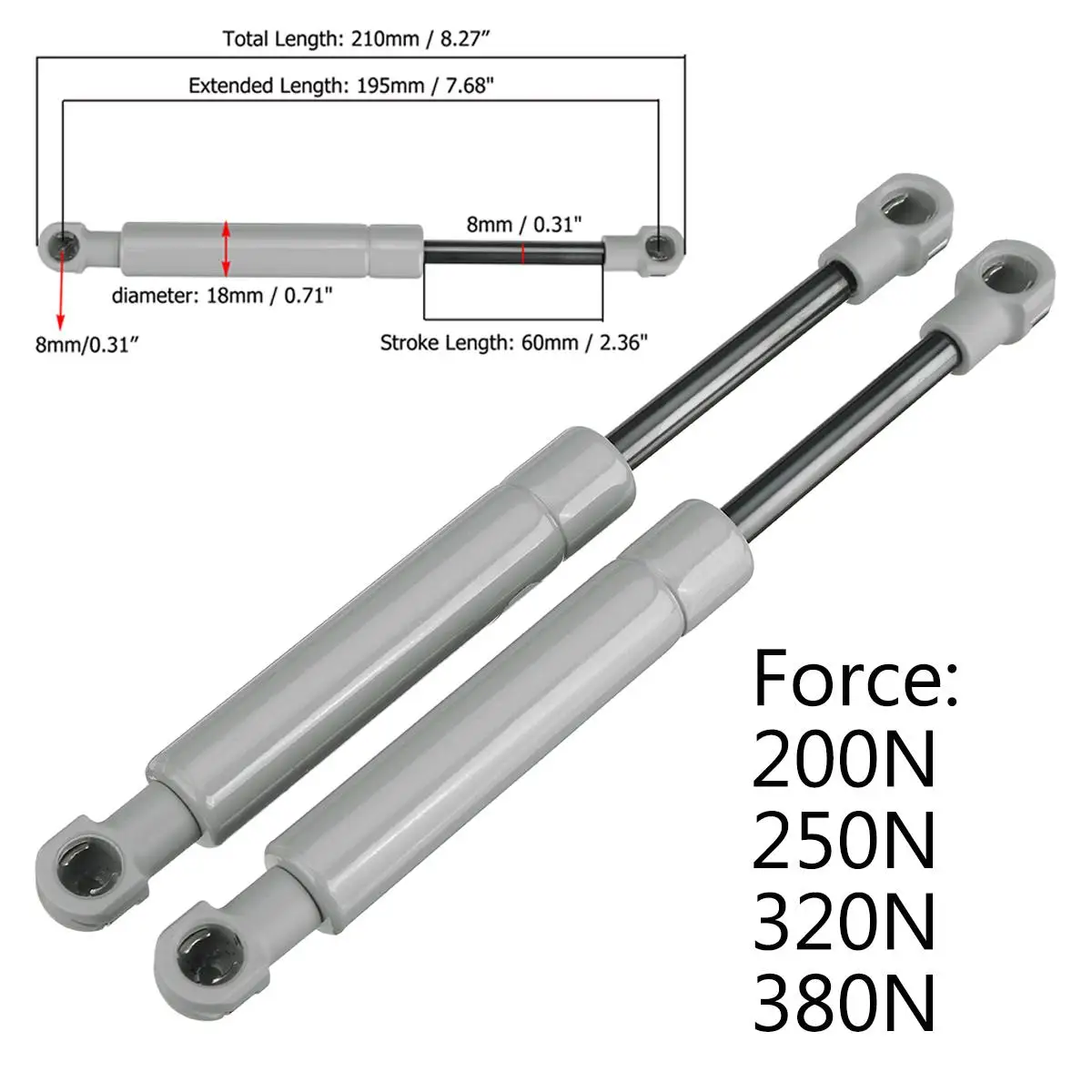 2pcs 195mm 8mm 200-380N Car Gas Strut Bars Gas Spring Hood Support Rod Shock Lift for RV Bed Window Bus Caravans