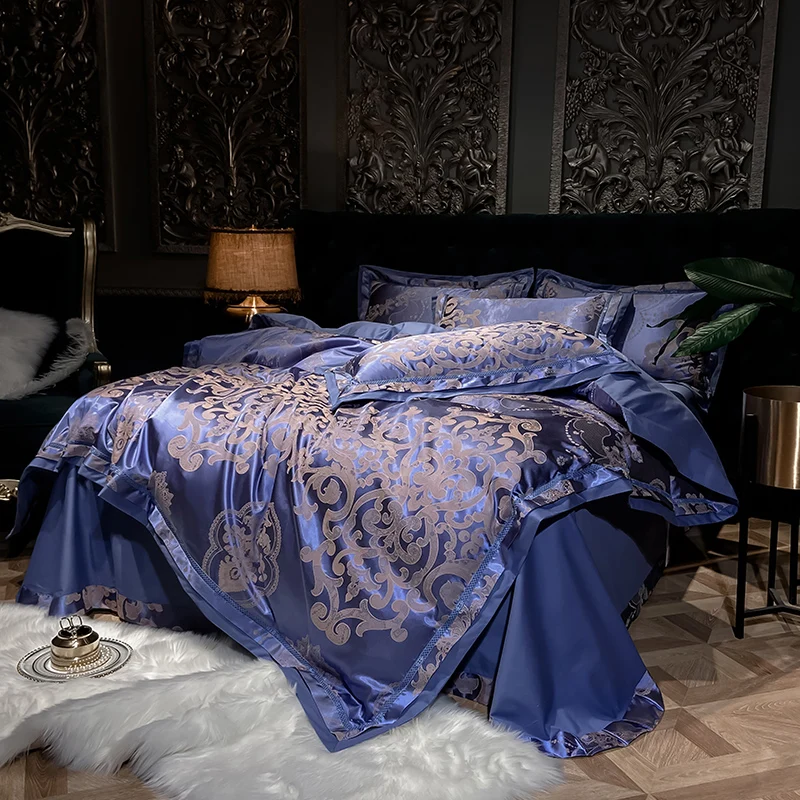 Soft Satin Jacquard Cotton Bedding Set, Luxury Duvet Cover, Blue, Gold, Gray, Queen, King Bed Sheet, Pillowcases, Home Textiles