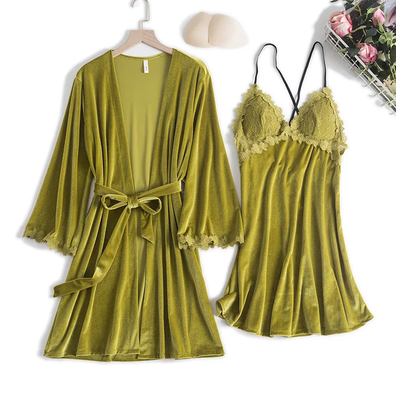 

Sexy Women Robe With Nightgown Set Velvet Casual 2PCS Kimono Bathrobe Gown V-Neck Sleepwear Autumn Home Clothes Soft Lingerie