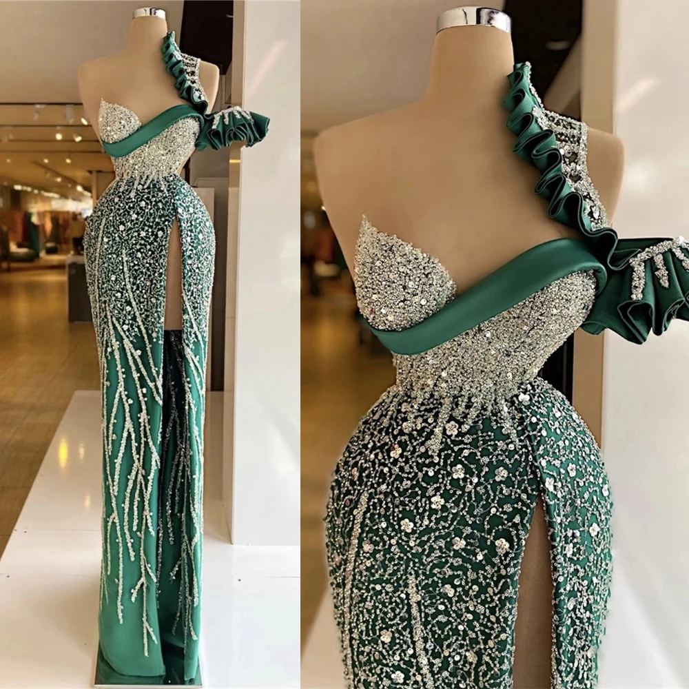 Hunter Green Mermaid Evening Dress One Shoulder Sequins Ruffles Party Dresses Custom Made Glitter Split Floor Length Prom Gowns