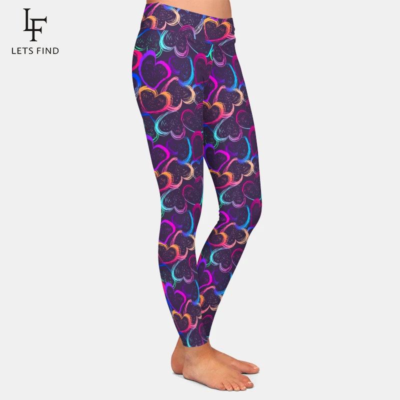 LETSFIND 2021 Valentines Day Womens Slim Leggings Colorful Hearts Print High Waist  Comfortable Fitness Leggings