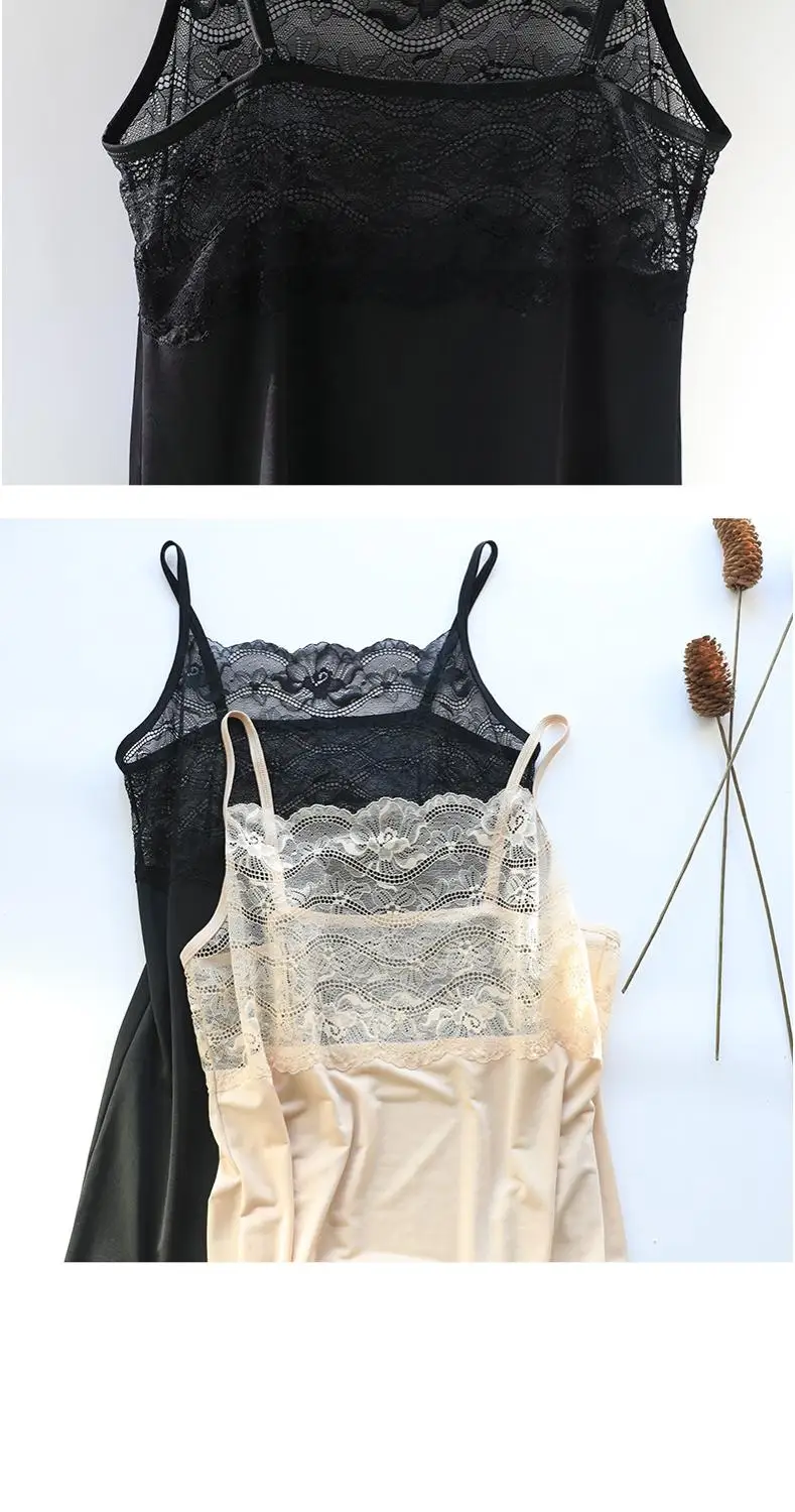 Milk silk full slip dress lace suspender underskirt for women bottoming skirt see through thin slim French nightdress princess