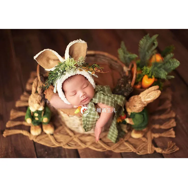 Accessoires de photographie de nouveau-né, chapeau de lapin en paille de Style campagnard de noël, tenue de Studio pour séance Photo de bébé fille