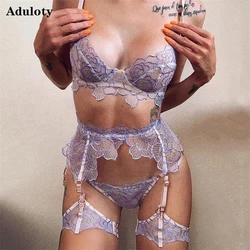 Aduloty New Women's Flower Embroidery Lace Mesh Stitching See-Through Erotic Underwear Underwire Bra Garter Sexy Lingerie Set