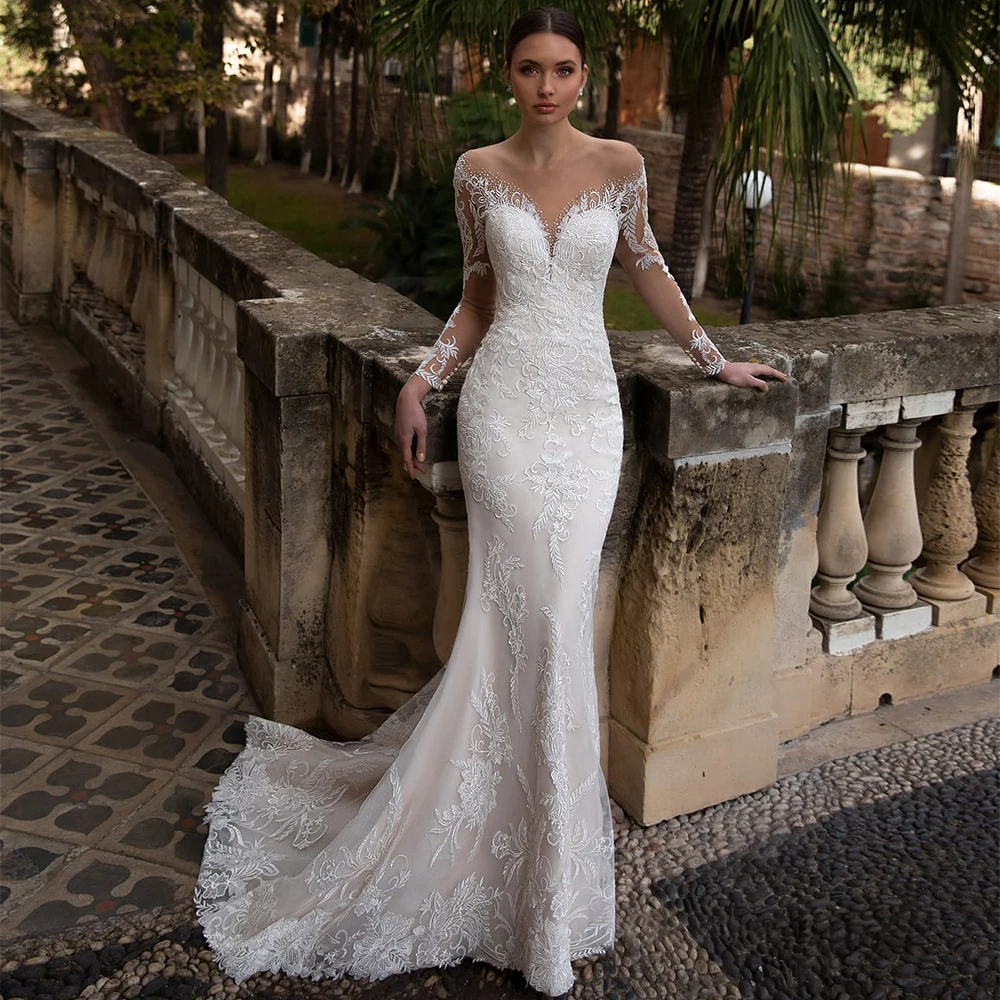 Vestido de novia de sirena Vintage, apliques de encaje con cuello en V, Mangas de ilusión, tren de barrido de botones, vestidos de novia, Ves