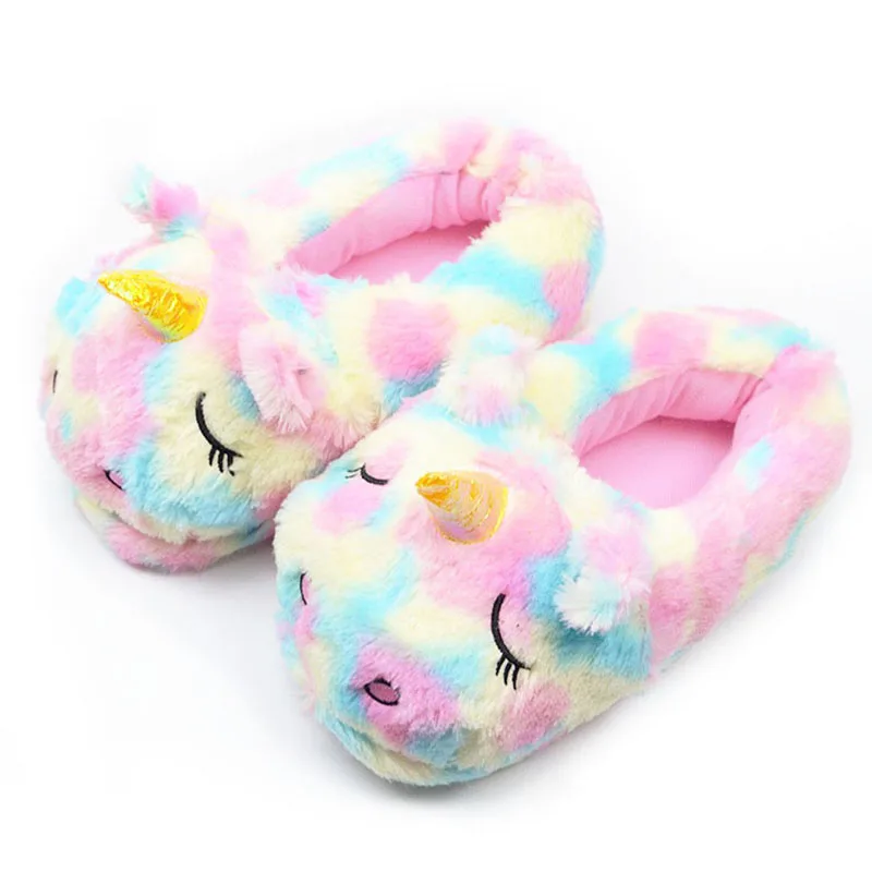 Women Cartoon Rainbow Unicorn Slippers Girls Winter Plush Warm Home Slippers Indoor Shoes Slides Cotton Shoes