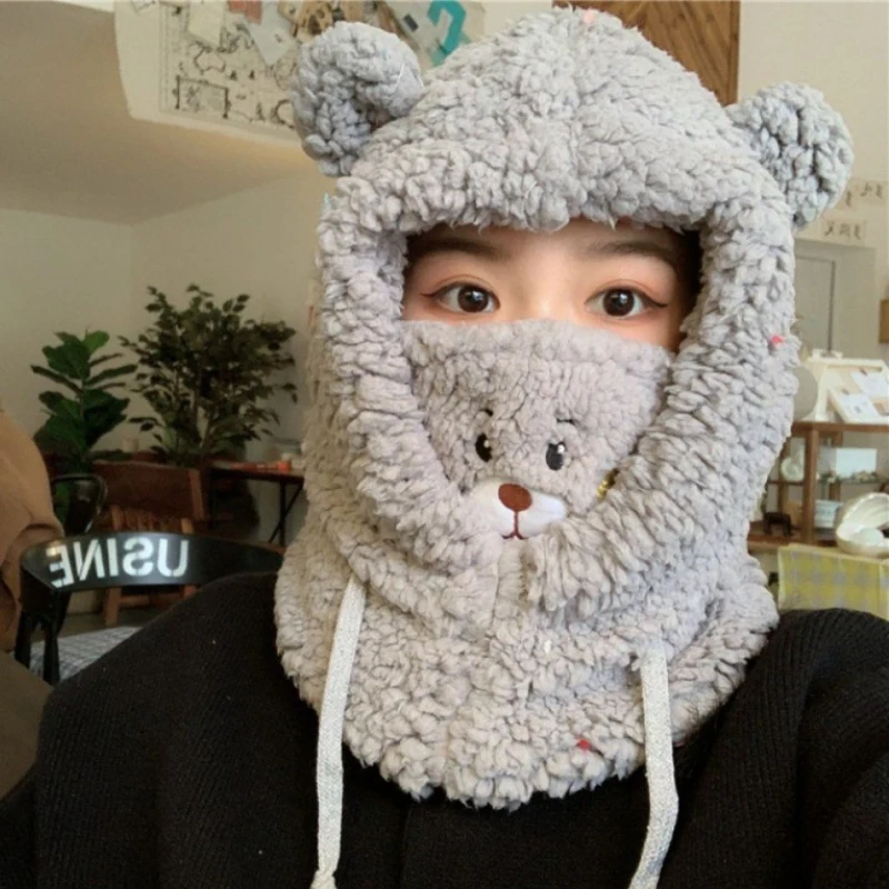 Bear Ear Hat Lamb Plush Winter Head Hood Thickened Warm Headset  Protection One Mask Beanies Autumn Skullies for Women Girls