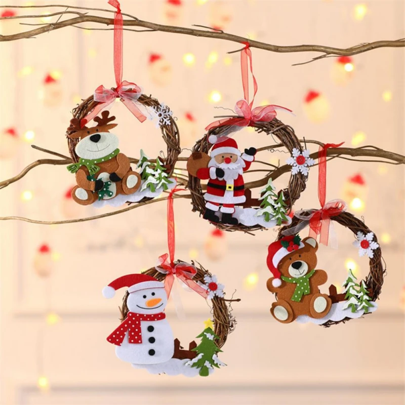 1PC Christmas Wreath DIY Xmas Ornament With Elk Snowman Santa Claus Baubles 15CM Christmas Garland Door Window Decorations