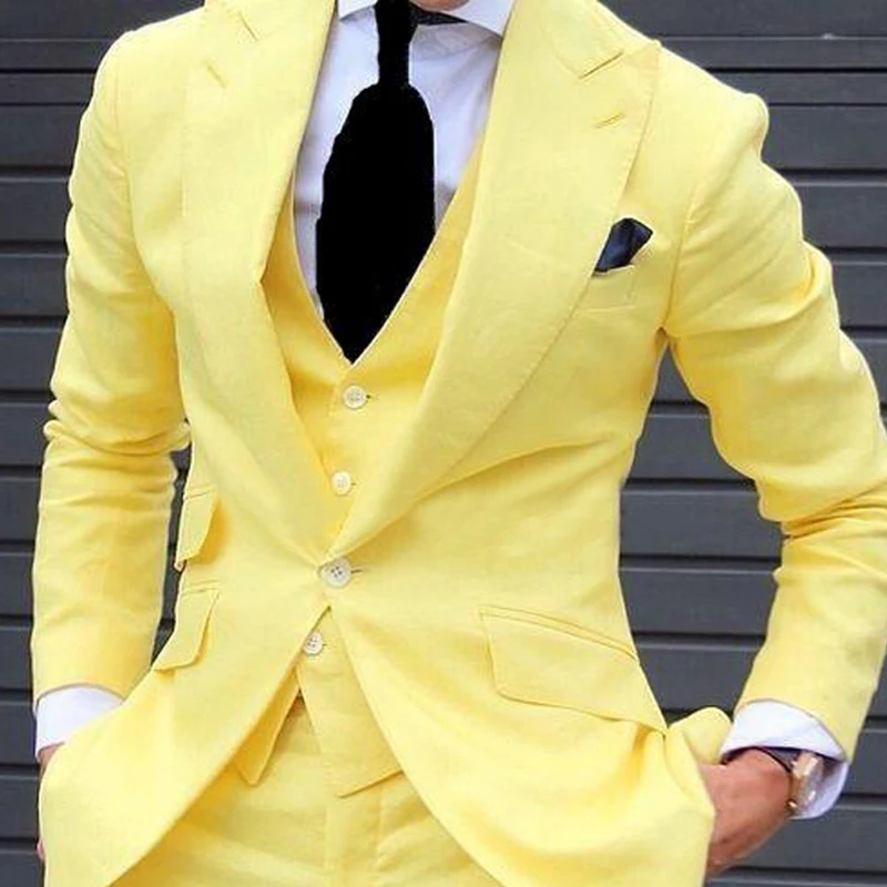 Yellow Slim Fit Prom Suits for Men 3 Piece Set  Jacket with Pants Vest Latest Coat Casual Design Male Fashion Smoking Clothes