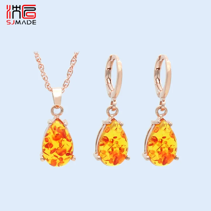 SHENJIANG New Fashion Water Drop Imitation Ambers Dangle Earrings Jewelry Sets For Women Girls 585 Rose Gold Color Eardrop