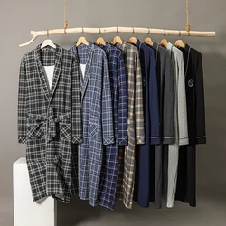 Spring Autumn Plaid Bathrobe Men Sleep Top Kimono Robes For Male Full Pure Cotton Long Bath Robe Bride Robe Dressing Gown M-4XL