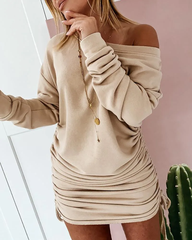 New Dresses Women Mini Dress Ladies Casual  Women\'s Dress Sexy Drawstring Pleated Long Sleeve Party Dress Sukienka