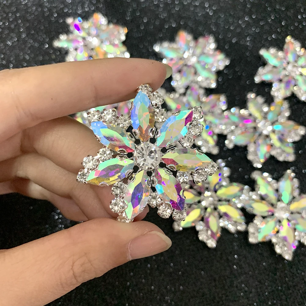 4.5cm flower Shape Rhinestone applique Crystal strass AB color sew on rhinestone with flatback silver base dress decoration