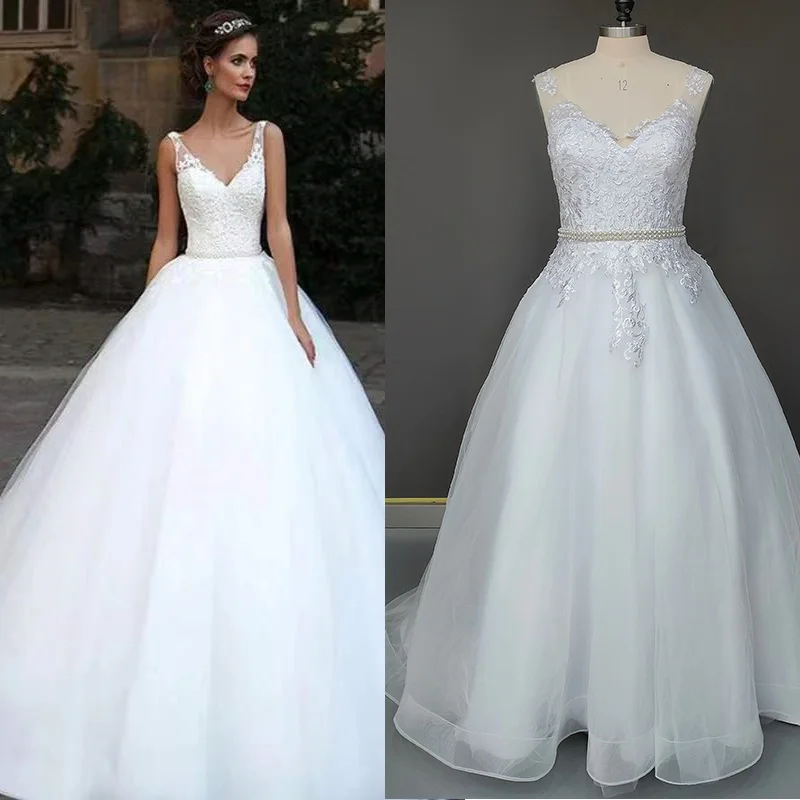 11531 # 100% fotos reais sem mangas miçangas a linha aberta voltar com decote em v tule renda applique vestido de casamento vestido de noiva vestido de noiva