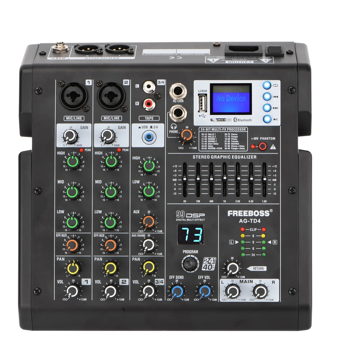 FREEBOSS 4 Channel Sound Audio Mixer Bluetooth 99 DSP Effects Mixing Console USB Play Record 7-band EQ 48V Phantom Power AG-TD4