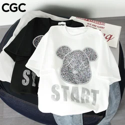 CGC Summer Oversized t-shirt 100%Cotton Woman T-shirts kawaii Bear Printing Top Short Sleeve Women's top Korean Style Female Tee