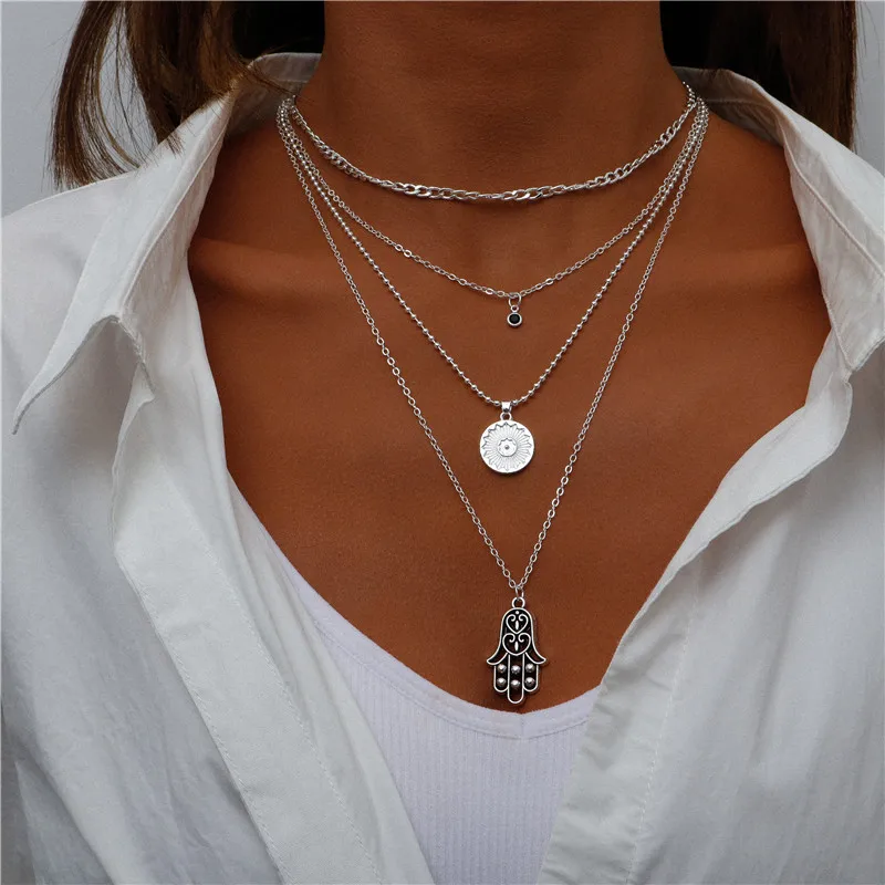 Vintage Mehrschichtige Mond-Münzen-Hamsa-Hand-Kettenhalsketten für Frauen, Boho Elefanten-Herzen-Anhänger Halsketten Schmuck – Detail 5