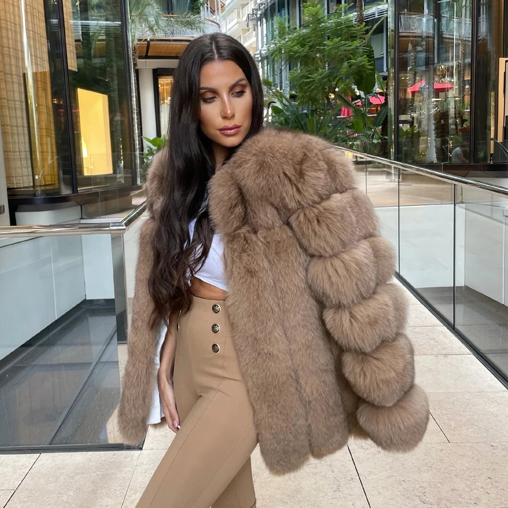 เสื้อแจ็คเก็ตขนสุนัขจิ้งจอกสีกากีสำหรับผู้หญิง คอทรงโอ ความยาวปานกลาง ของแท้ เสื้อคลุมกันหนาวสำหรับฤดูหนาว เสื้อโค้ทขนสัตว์ใหม่สำหรับอากาศหนาว