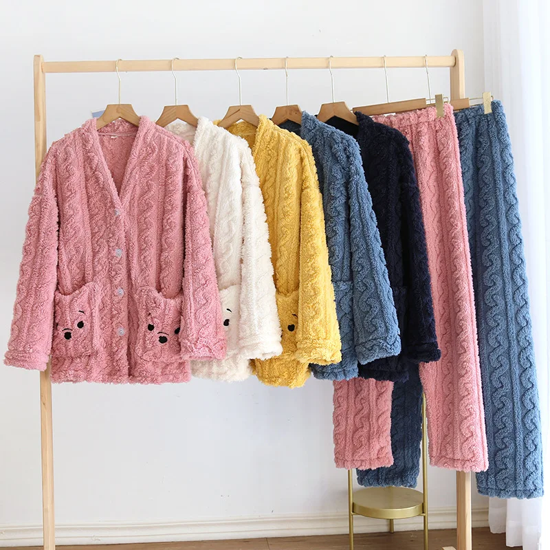 Winter Warm Thicken Pajamas Set Couple Flannel Pijanas Suit Women 2021 Homewear Casual Coral Velvet Plush Suit Loungewear Set