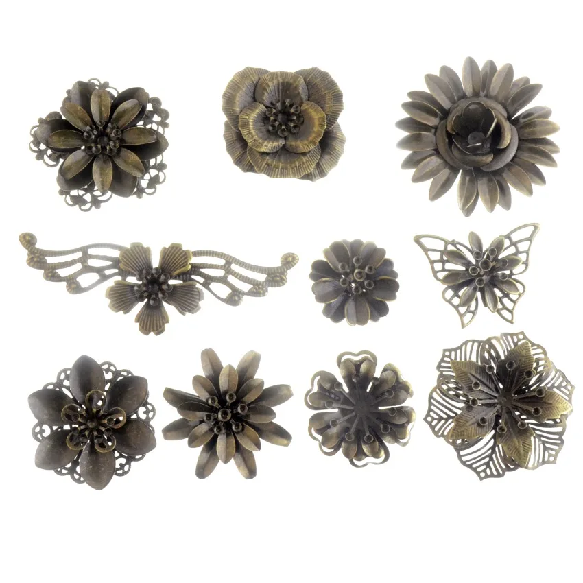 2Pcs Antique Bronze Filigree Flower Embellishment Metal Crafts Gift Decoration DIY Findings