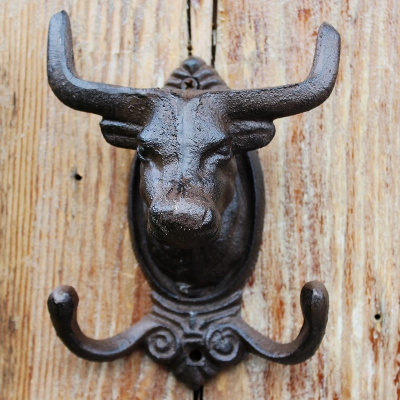 Retro Rustic Bull Head Cast Iron Wall Hook With Two Hangers European Home Garden Decor Animal Head Figurines Metal Wall Hook