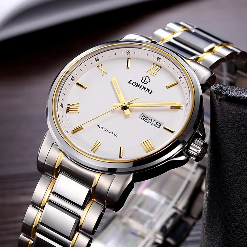 LOBINNI 간단한 스테인레스 스틸 남자 자동 기계식 시계 날짜 주 시계 사파이어 방수 50M 시계