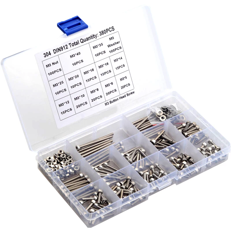 380pcs M3 Hexagon Socket Button Head Screw with Flat Washer Nut Set hexagon Cylinder Head Socket Head Cap Allen Bolt Screw Kit