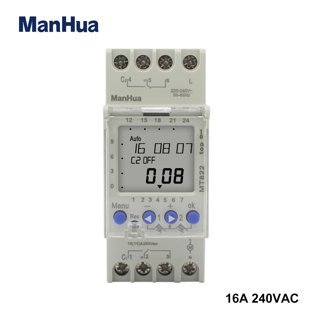 ManHua 250VAC MT822 2 Channels With LCD Display 7 Days Cycle Multi-functional Digital Timer Switch