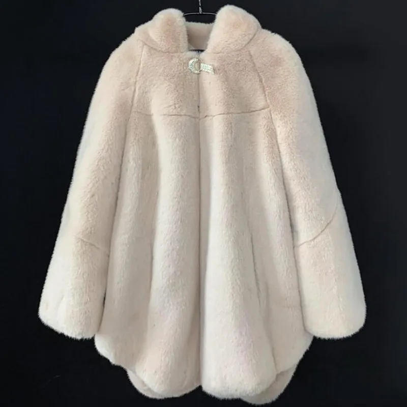 2024 new imitation velvet female mink fur coat whole mink mid-length coat hooded mink fur female