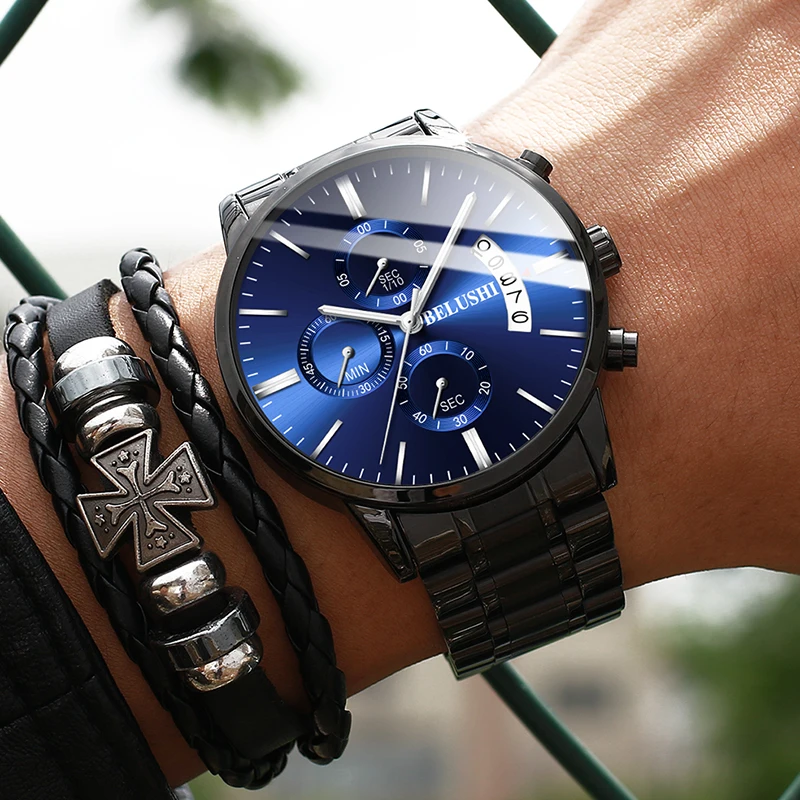 BELUSHI Fashion Men\'s Quartz Watch Chronograph Sport Men Watches Top Brand Luxury Full Steel Waterproof Clock Male Wristwatch