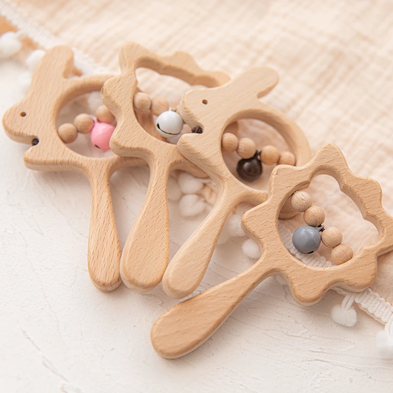 Let's Make Wooden Rattle Beech Bear Hand Teething Wooden Ring Baby Rabbit Rattles Play Gym Montessori Custom Educational DIY Toy