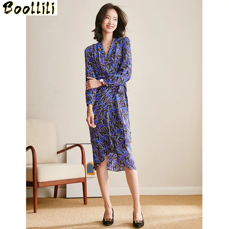 

Silk Boollili Real Dress Women Summer Dress Korean Vintage Print Beach Dress Elegant Party Dresses Woman Vestidos Robe Femme