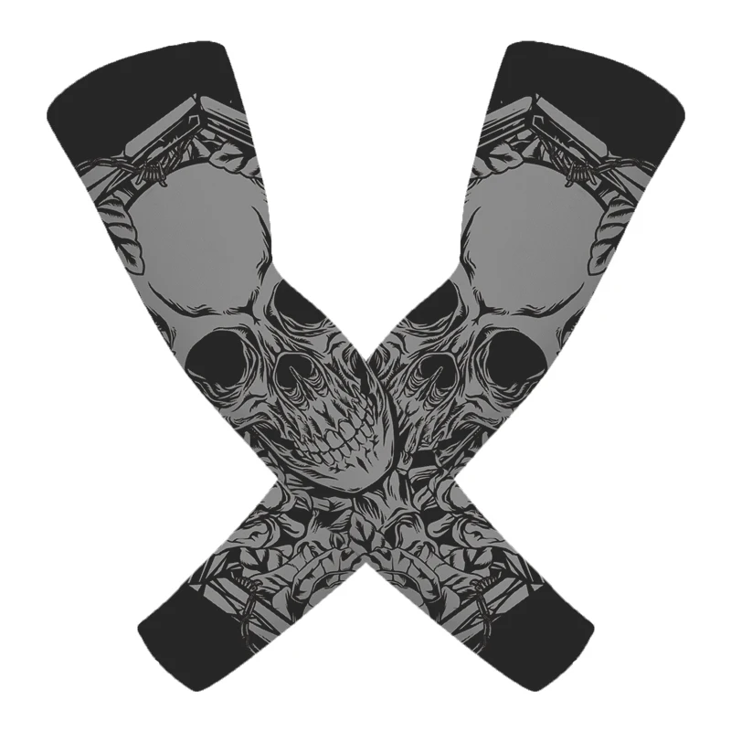 1pair 3D Skull Tattoo Printed Outdoor Cycling Sleeves Breathable Quick Dry UV Protection Running Arm Sleeves Sports Arm Warmers