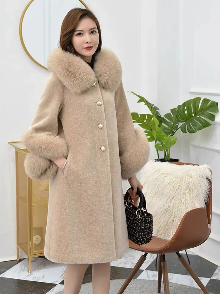 New Arrival Winter Women Female 100% Woolen Long Hoodie Coat With Natural Fox Fur Hooded Long Wool Winter Warm Outwear