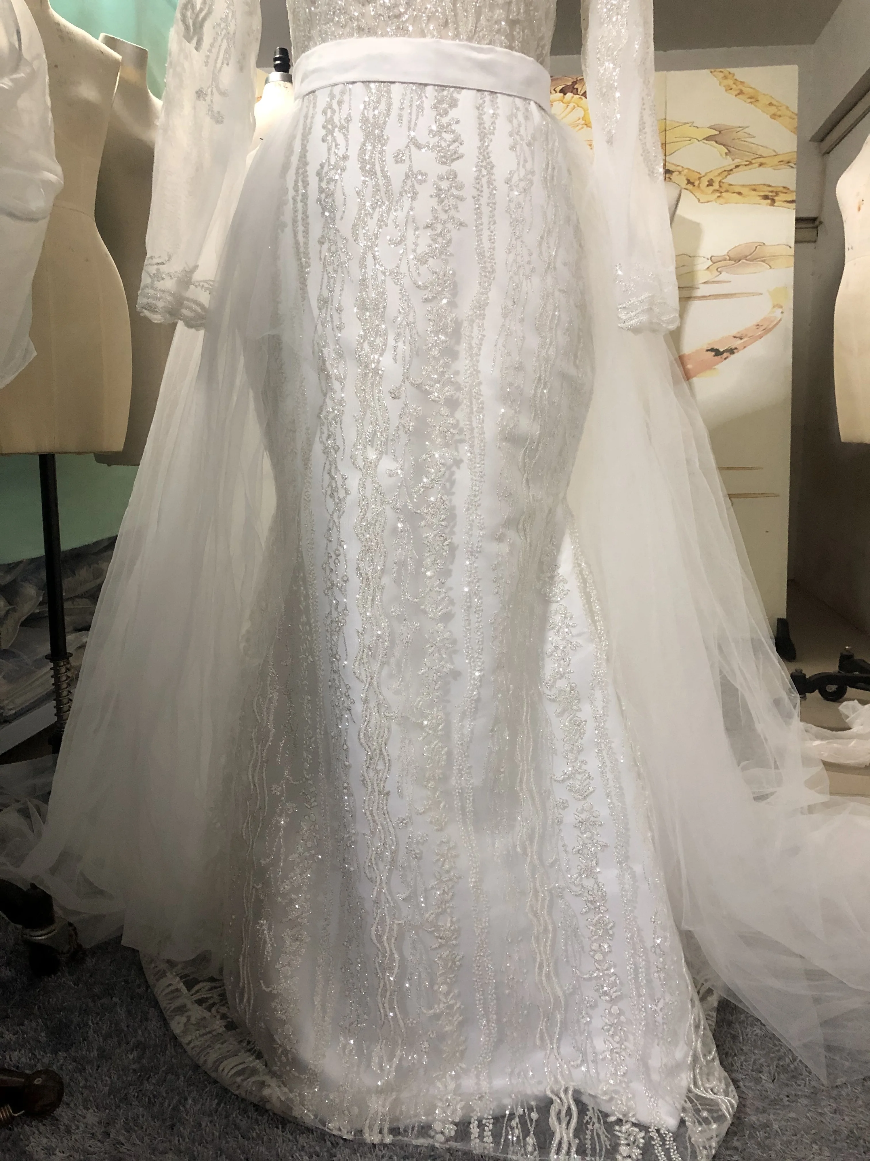 Robe de mariée de forme sirène, tenue de luxe, avec traîne détachable, manches longues, fermeture éclair