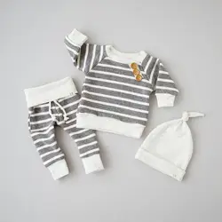 CANIS 3pcs Newborn Baby Boy Girls Kids Infant Long Sleeve Striped tops pants Lovely Hat 3pcs Outfits Set Clothing