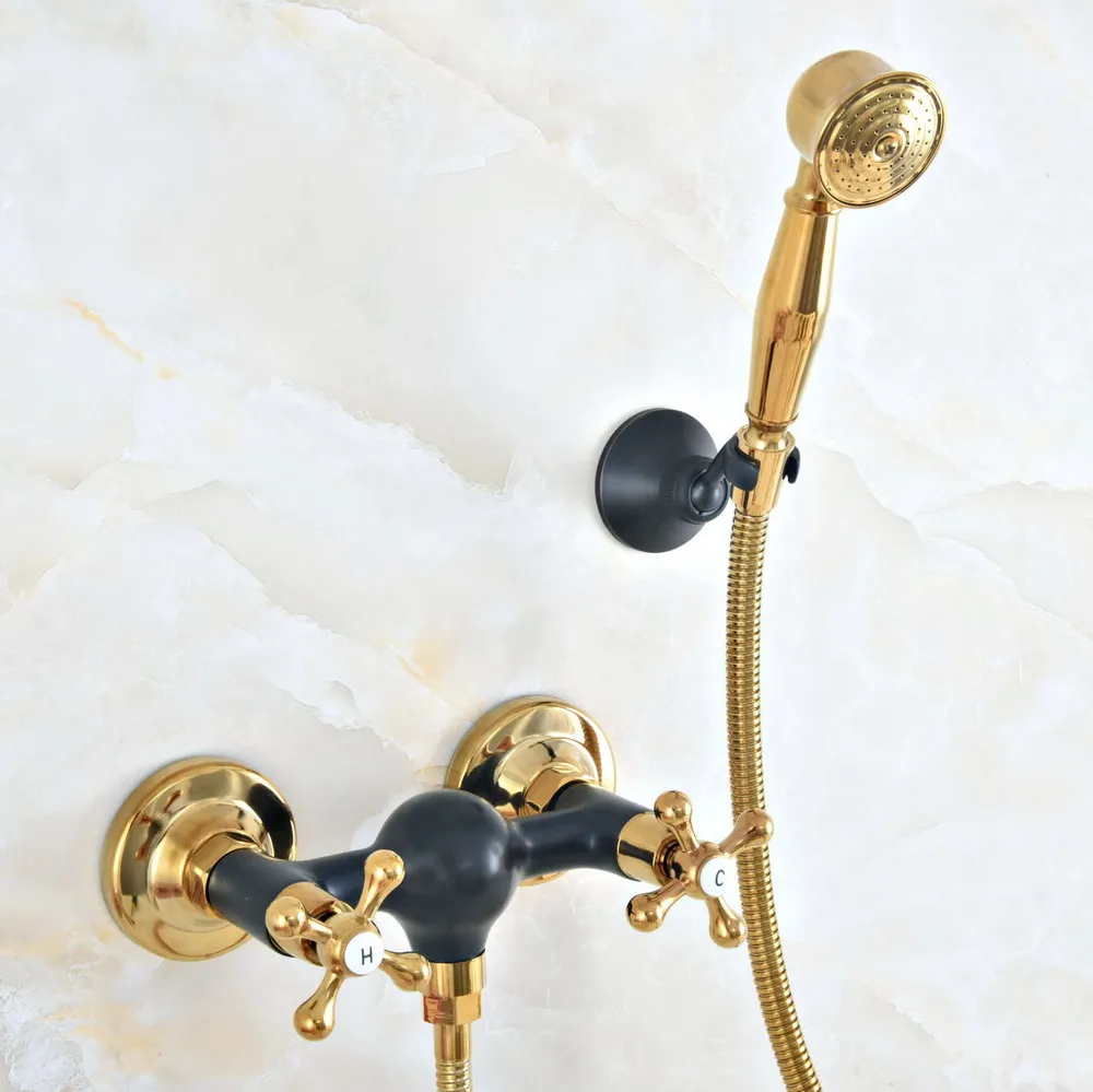 

Black Oil Rubbed & Polished Gold Brass Wall Mounted Bathtub Faucet with Handheld Shower Set +150CM Hose Mixer Tap 2na518