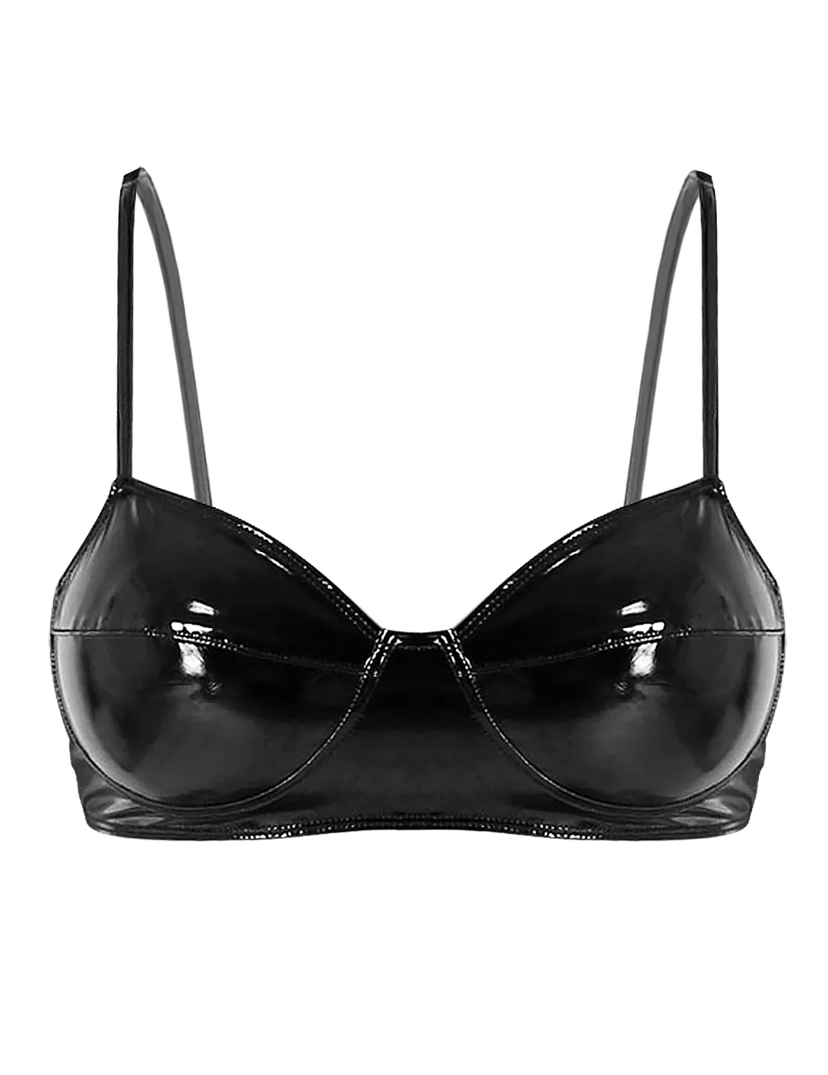 Lingerie sensual de couro brilhante, sutiã com costura sem fio preto sem almofada, lingerie erótica roupa íntima para mulheres