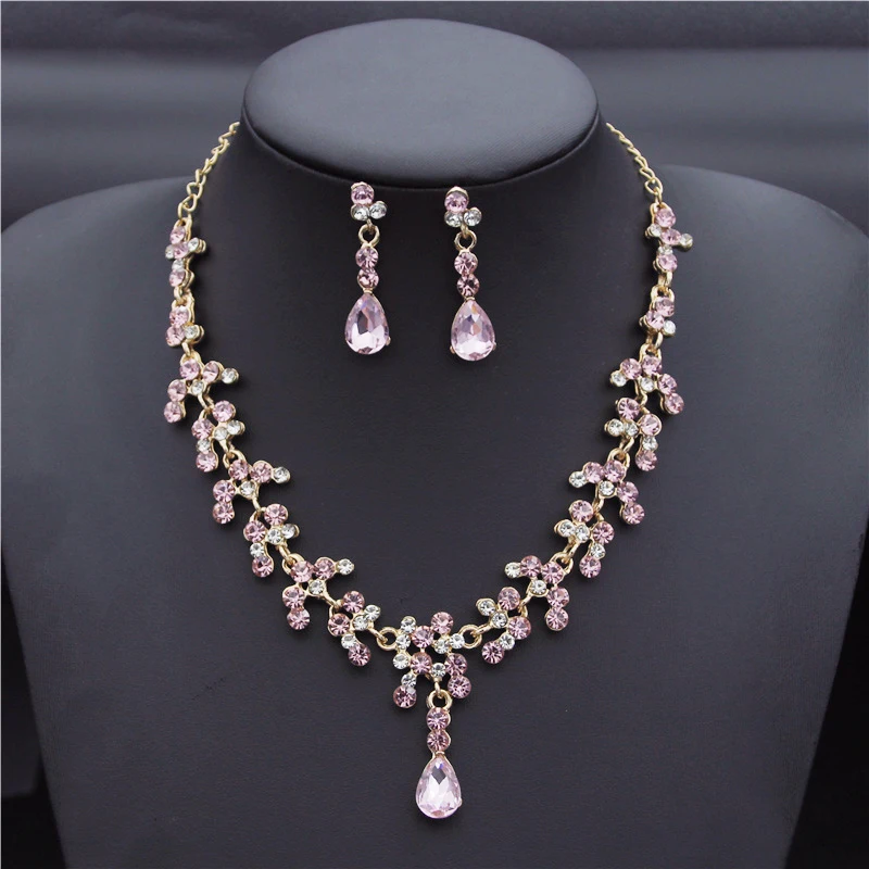 Crystal Bridal Wedding Jewelry Sets Women Gold Color Rhinestone Necklace Long Earrings Set Dress Accessories Bridesmaid