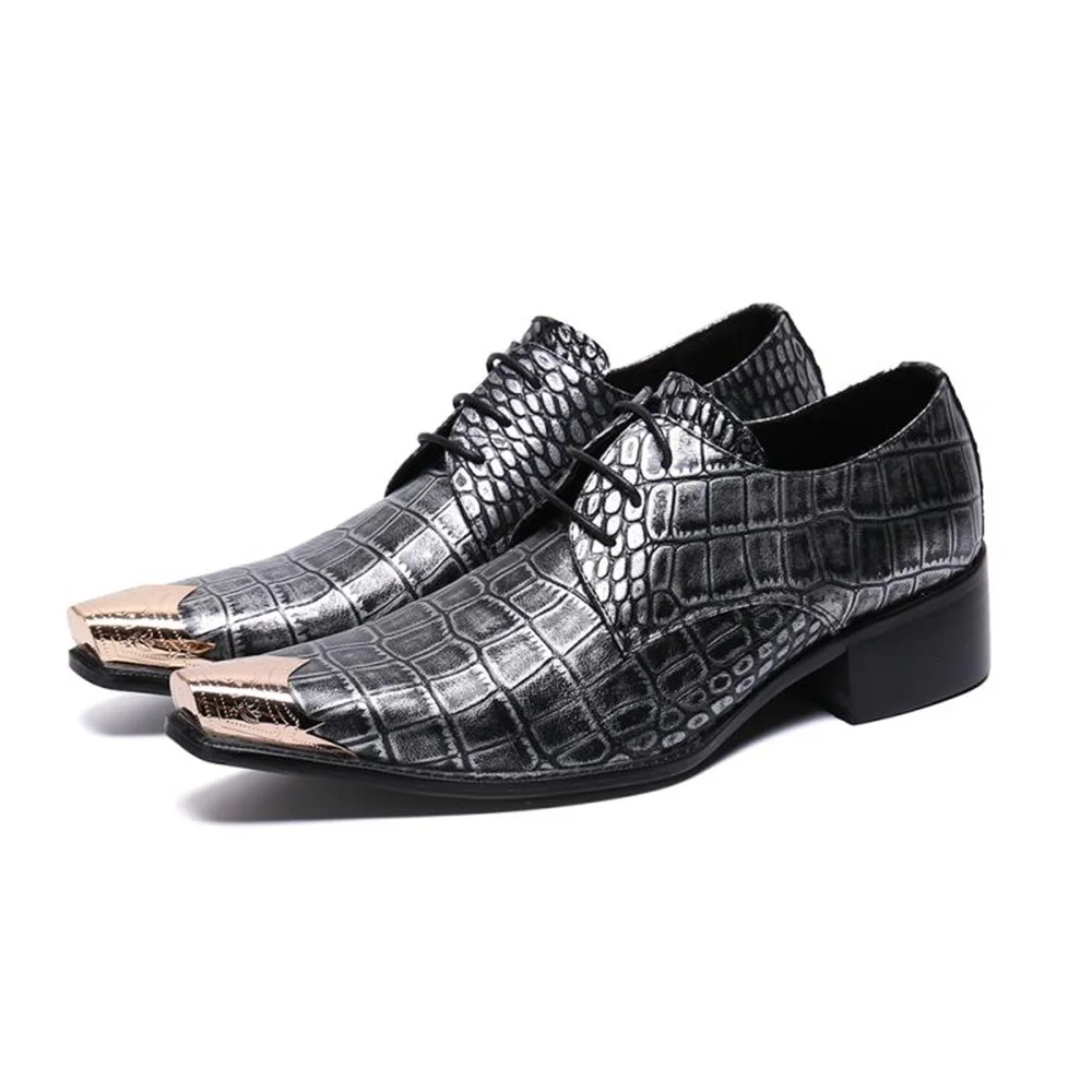 

Men Genuine Leather Dress Shoes Metal Square Steel Toe Oxfords Wedding Shoes Black Crocodile Pattern Lace Up Formal Shoes