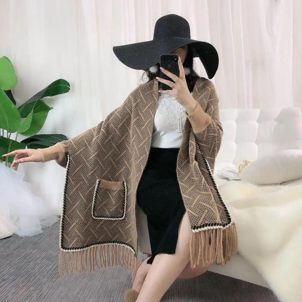 3 Style Winter Faux Mink Velvet Poncho Oversize Batwing Long Sleeves Cardigan Women Printed Wrap Vintage Shawl Coat With Pocket