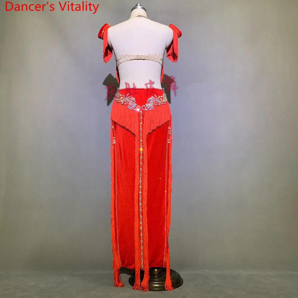 Women Belly Dance Competition Outfits Customized Tassel Bra Sexy Split Long Skirt Oriental Indian Drum Dancing Performance Suit