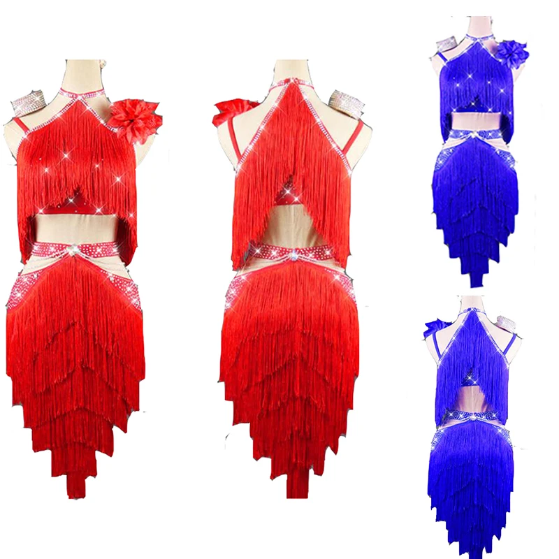 

Lady fringe Latin competition dress rhinestone crystal Performance latin competition dress red QYW05