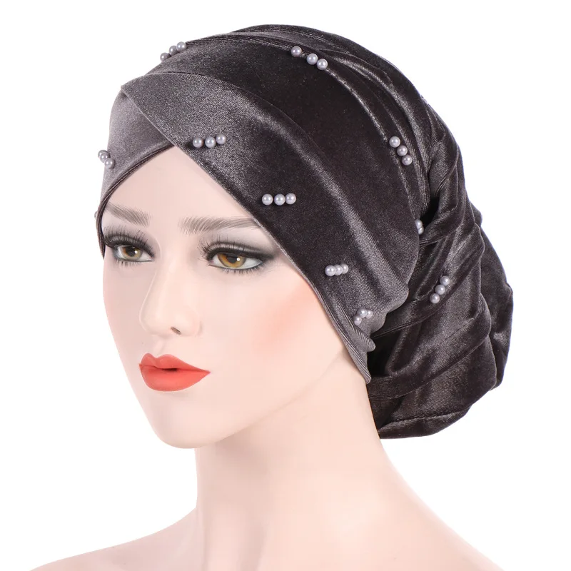 진주 벨벳 내부 히잡 모자 이슬람 머리 장식 여성 turban femme musulman, 부드러운 단색 turbante hijab 보닛 착용 준비 완료