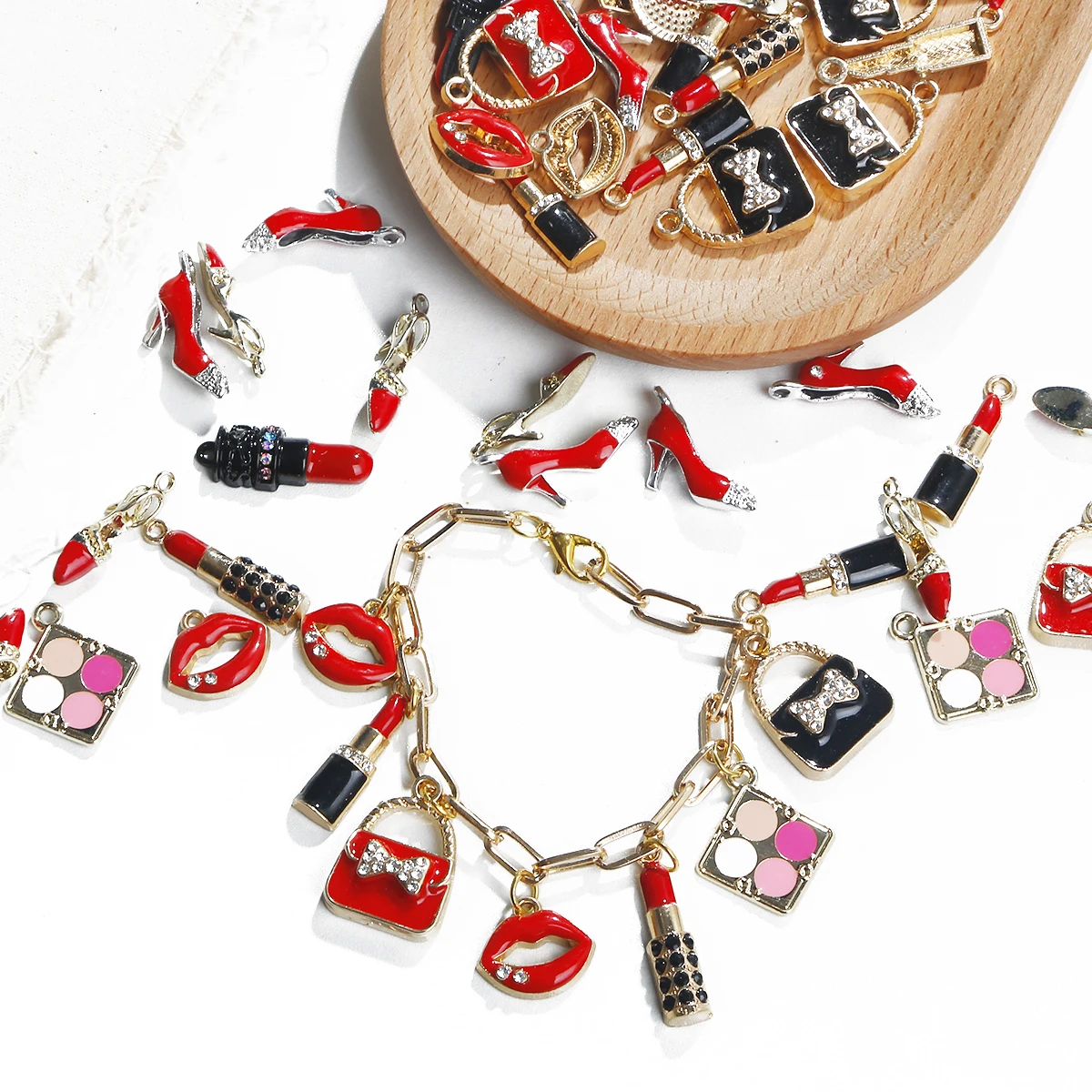 2pcs Enamel Makeup Charms Mixed Women Lip Lipstick Bag Shoes Pendant for DIY Earring Bracelet Necklace Key Chain Jewelry Making