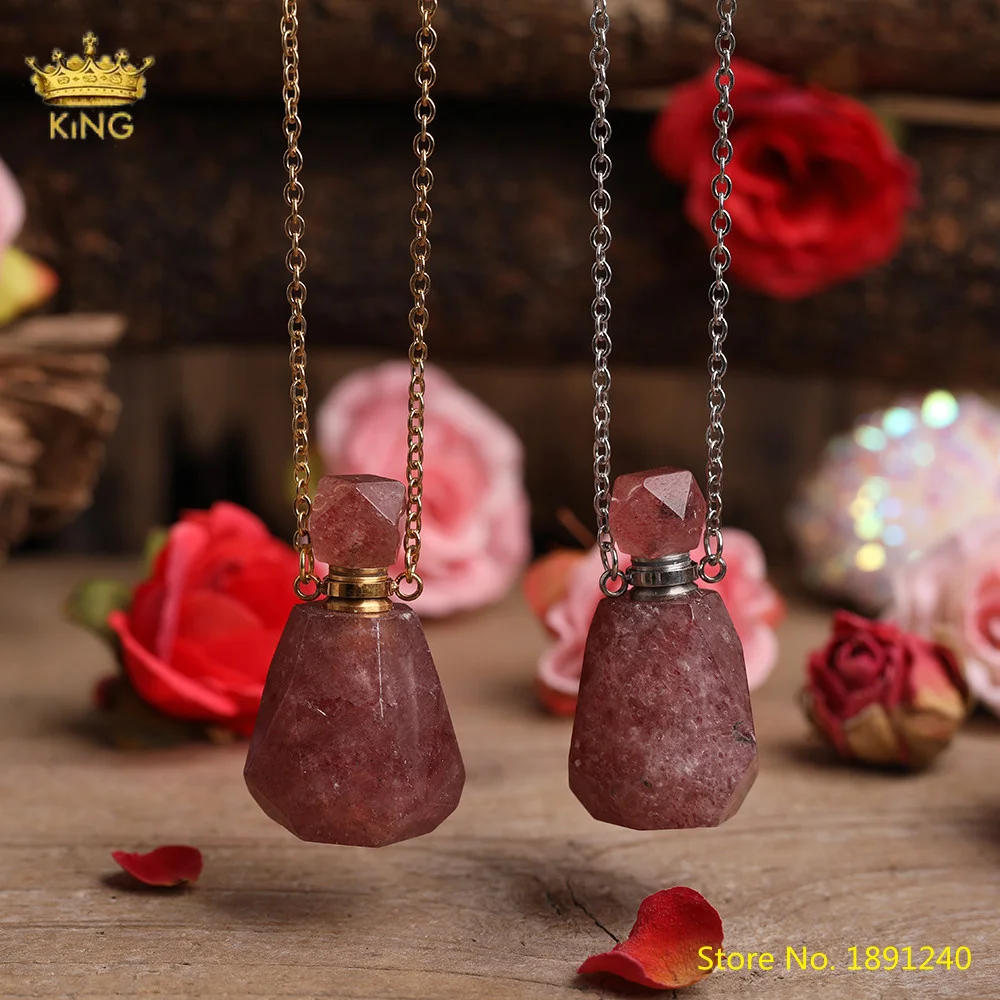 Natural Strawberry Quartz Gold Silvery Perfume Bottle Pendant Necklace For Women Crystal Essential Oil Diffuser Jewelry