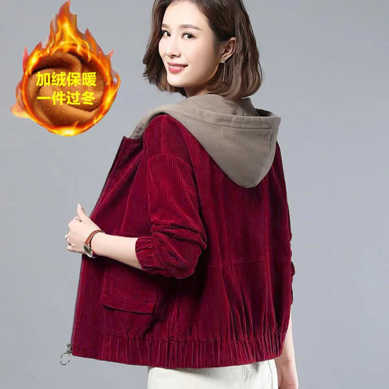 Women's Corduroy Jacket 2023 Autumn Winter New No velvet/Add velvet Coat Middle-aged Mother Large Size Loose Hooded Coat C1488