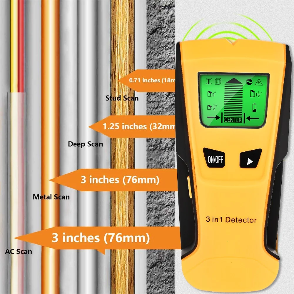 3 In 1 Metal Detector Find Metal Wood Studs AC Voltage Live Wire Detect Wall Scanner Electric Box Finder Wall Detector