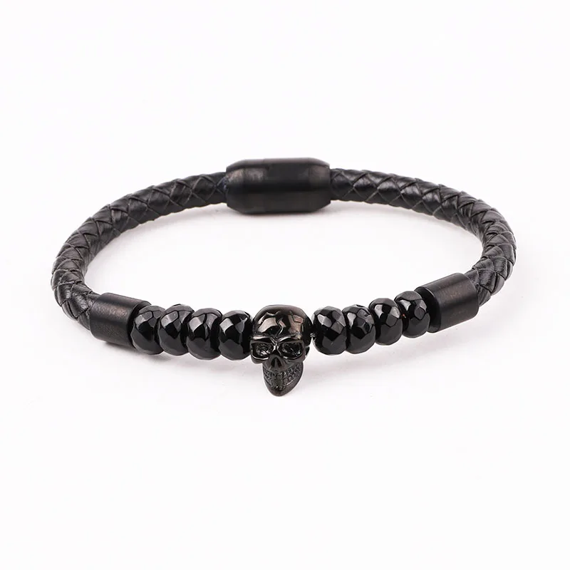 High Quality 316L Stainless Steel Clasp Helmet Skull Charm Genuine Leather Bracelet Men Jewelry Gift